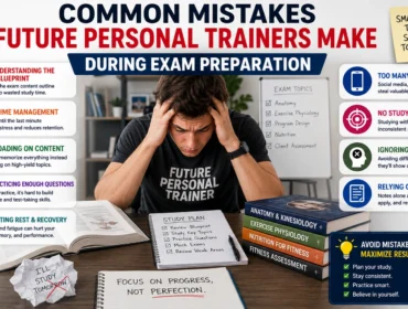 Stressed personal trainer certification student studying exam materials with fitness textbooks, notes, and study plans, highlighting common mistakes during personal trainer exam preparation such as poor time management, lack of practice questions, and ineffective study habits.