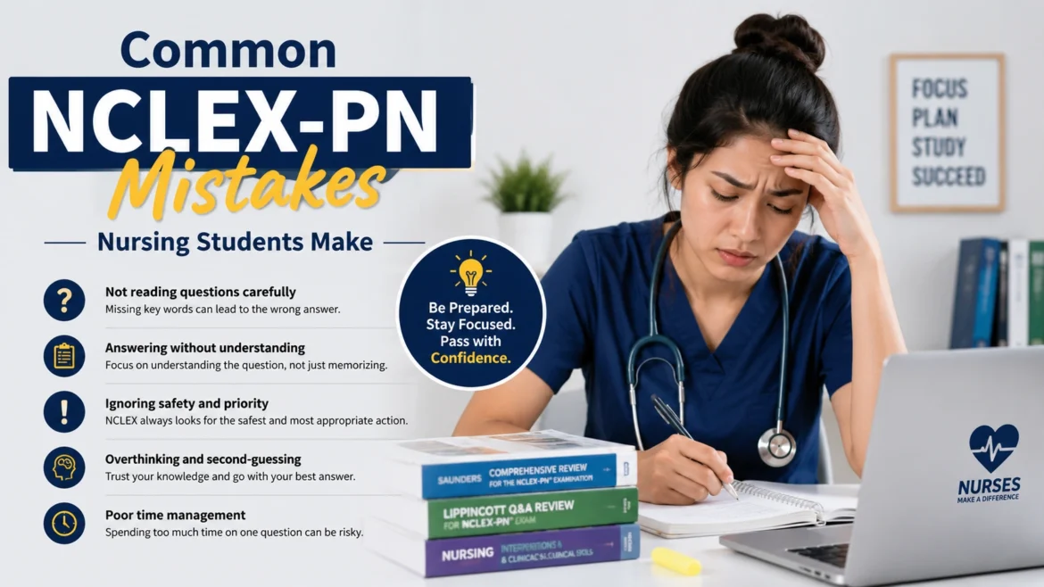 Stressed nursing student studying for the NCLEX-PN exam with common mistakes highlighted including poor time management, overthinking questions, and ignoring patient safety priorities.