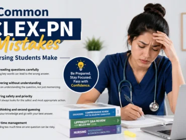 Stressed nursing student studying for the NCLEX-PN exam with common mistakes highlighted including poor time management, overthinking questions, and ignoring patient safety priorities.