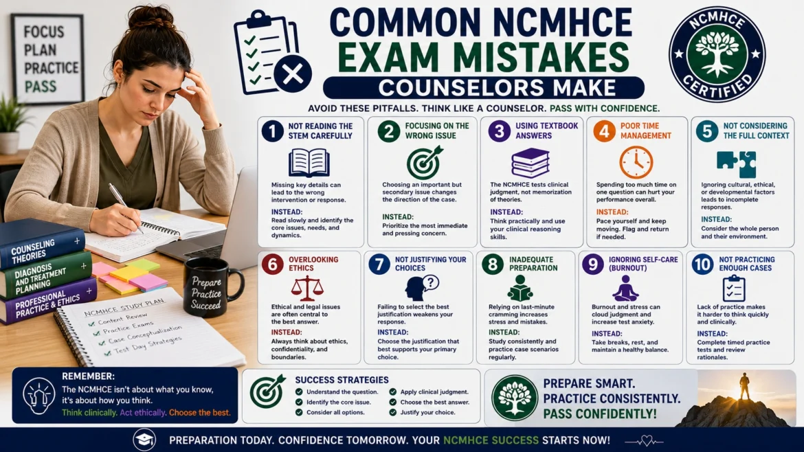 Counseling student preparing for the NCMHCE exam with study notes, counseling textbooks, and practice materials, highlighting common NCMHCE exam mistakes such as poor time management, weak clinical reasoning, inadequate case practice, and ineffective study strategies.