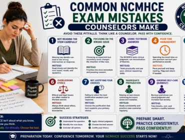 Counseling student preparing for the NCMHCE exam with study notes, counseling textbooks, and practice materials, highlighting common NCMHCE exam mistakes such as poor time management, weak clinical reasoning, inadequate case practice, and ineffective study strategies.