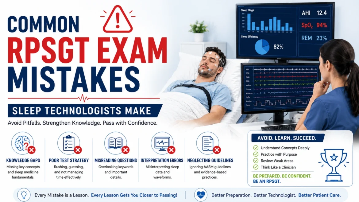 Common RPSGT exam mistakes infographic for sleep technologists featuring a sleep study lab, polysomnography monitoring equipment, patient sleep testing, and key exam preparation errors to avoid for RPSGT certification success.