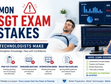 Common RPSGT exam mistakes infographic for sleep technologists featuring a sleep study lab, polysomnography monitoring equipment, patient sleep testing, and key exam preparation errors to avoid for RPSGT certification success.