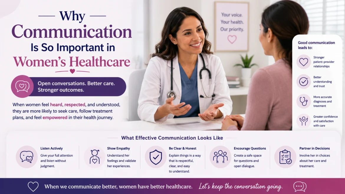 Female doctor communicating with a patient during a women’s healthcare consultation in a modern clinic, highlighting the importance of trust, empathy, active listening, and effective communication in improving women’s health outcomes and patient care.