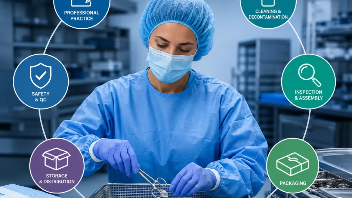 Healthcare sterile processing technician organizing surgical instruments with professional CRCST exam topic icons including sterilization, packaging, decontamination, inspection, safety, and storage in a modern hospital setting.