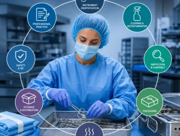 Healthcare sterile processing technician organizing surgical instruments with professional CRCST exam topic icons including sterilization, packaging, decontamination, inspection, safety, and storage in a modern hospital setting.
