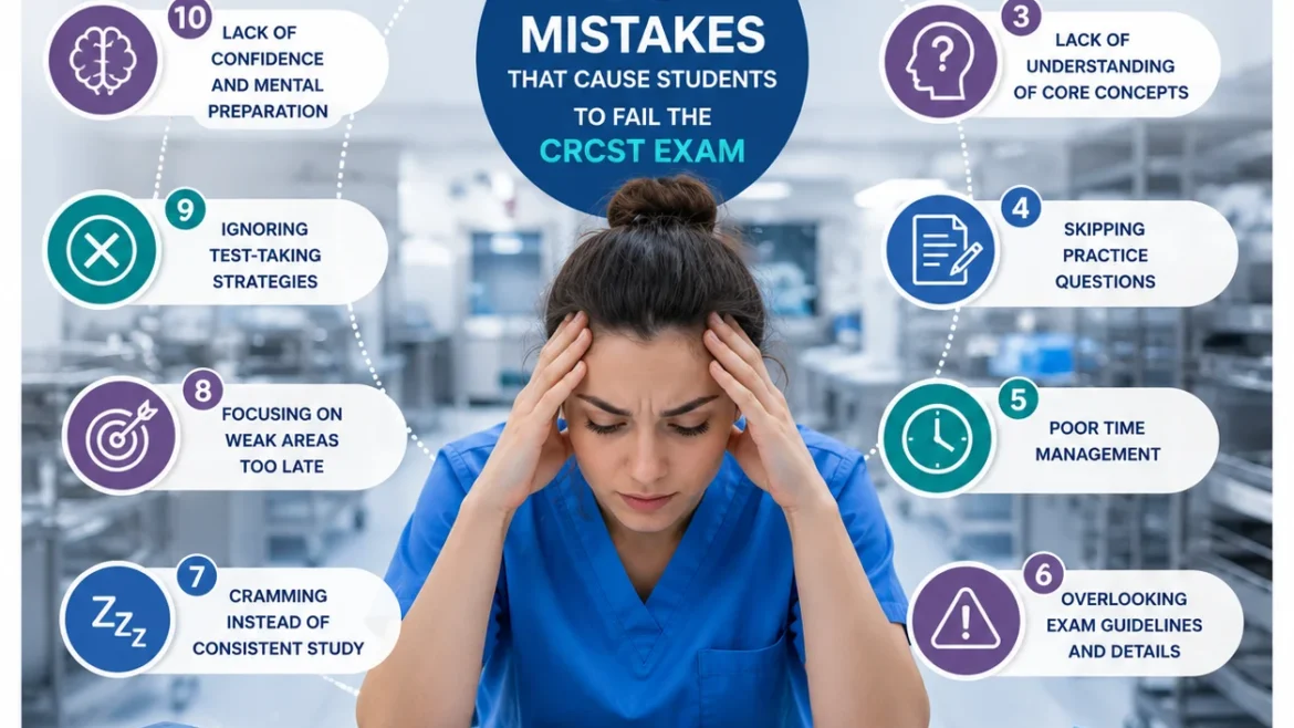 Professional CRCST exam infographic showing stressed sterile processing student studying in a hospital environment with visual icons representing common exam mistakes including poor study planning, skipping practice questions, weak time management, cramming, and lack of exam preparation.