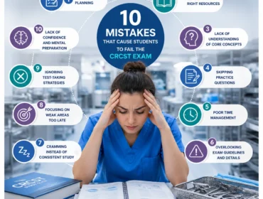 Professional CRCST exam infographic showing stressed sterile processing student studying in a hospital environment with visual icons representing common exam mistakes including poor study planning, skipping practice questions, weak time management, cramming, and lack of exam preparation.