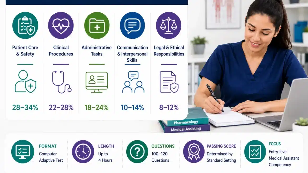 EXCPT exam preparation infographic showing exam content areas, clinical procedures, patient care, administrative tasks, communication skills, and a pharmacy technician student studying in a modern workspace.