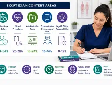 EXCPT exam preparation infographic showing exam content areas, clinical procedures, patient care, administrative tasks, communication skills, and a pharmacy technician student studying in a modern workspace.
