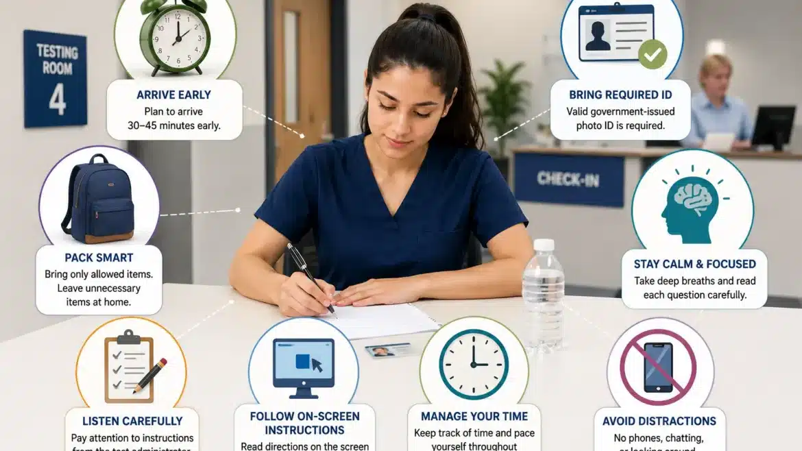 Pharmacy technician student taking the EXCPT exam in a professional testing center with visual exam day tips including ID check, time management, focus, preparation, and testing instructions.