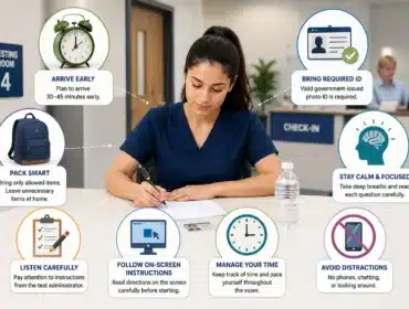 Pharmacy technician student taking the EXCPT exam in a professional testing center with visual exam day tips including ID check, time management, focus, preparation, and testing instructions.