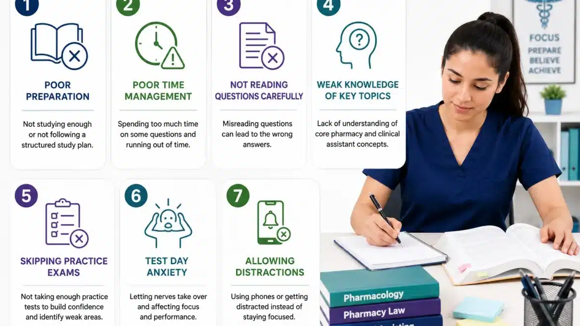 Pharmacy technician student studying for the EXCPT exam beside illustrated panels showing common exam mistakes like poor preparation, time management issues, distractions, and test anxiety.
