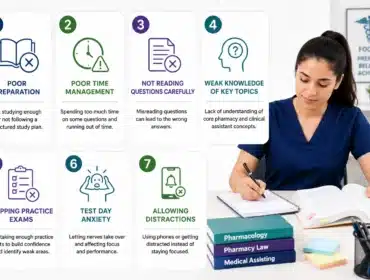 Pharmacy technician student studying for the EXCPT exam beside illustrated panels showing common exam mistakes like poor preparation, time management issues, distractions, and test anxiety.