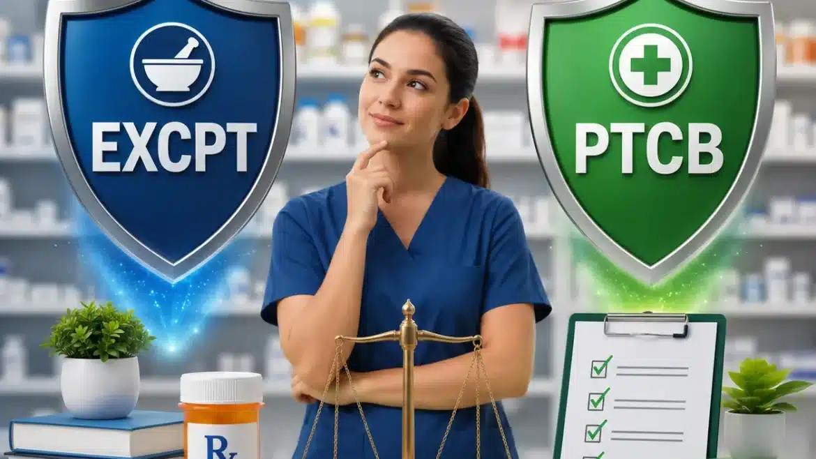Pharmacy technician comparing EXCPT and PTCB certifications in a modern pharmacy setting with certification shields, study books, and medical tools.