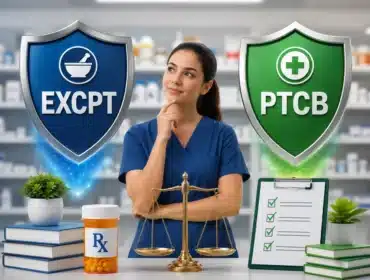Pharmacy technician comparing EXCPT and PTCB certifications in a modern pharmacy setting with certification shields, study books, and medical tools.