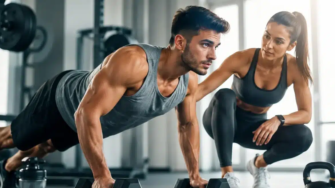 Fit male athlete doing dumbbell push-ups while female personal trainer coaches him in a modern fitness gym with strength training equipment.
