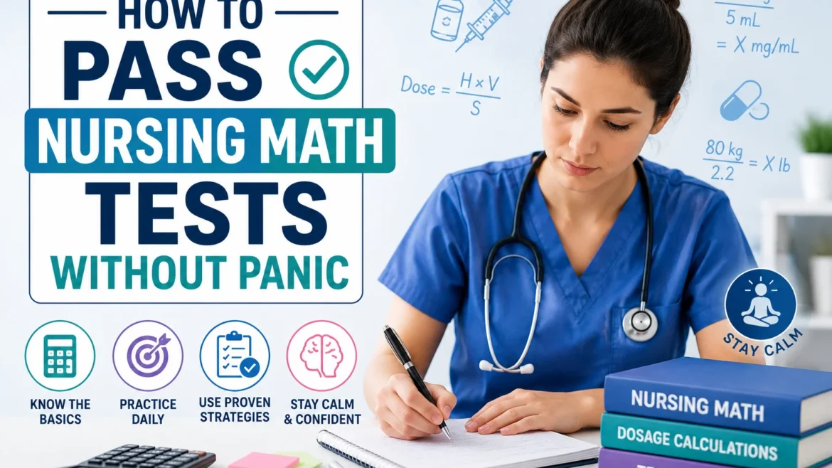 Nursing student studying dosage calculations and nursing math formulas with calculator, notebook, and test preparation books in a clinical learning environment