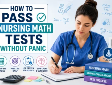 Nursing student studying dosage calculations and nursing math formulas with calculator, notebook, and test preparation books in a clinical learning environment