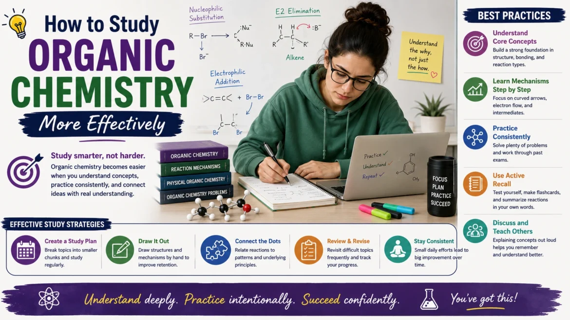 Focused student studying organic chemistry with reaction mechanisms, molecular structures, and chemistry notes, demonstrating effective study strategies for mastering organic chemistry concepts, problem-solving, and exam preparation.