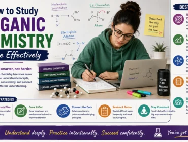 Focused student studying organic chemistry with reaction mechanisms, molecular structures, and chemistry notes, demonstrating effective study strategies for mastering organic chemistry concepts, problem-solving, and exam preparation.