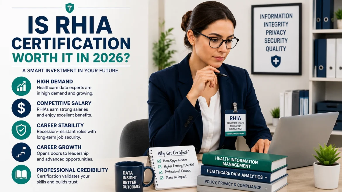 Healthcare administrator with RHIA certification reviewing career growth, salary benefits, and healthcare data management responsibilities in a professional office setting.