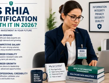 Healthcare administrator with RHIA certification reviewing career growth, salary benefits, and healthcare data management responsibilities in a professional office setting.