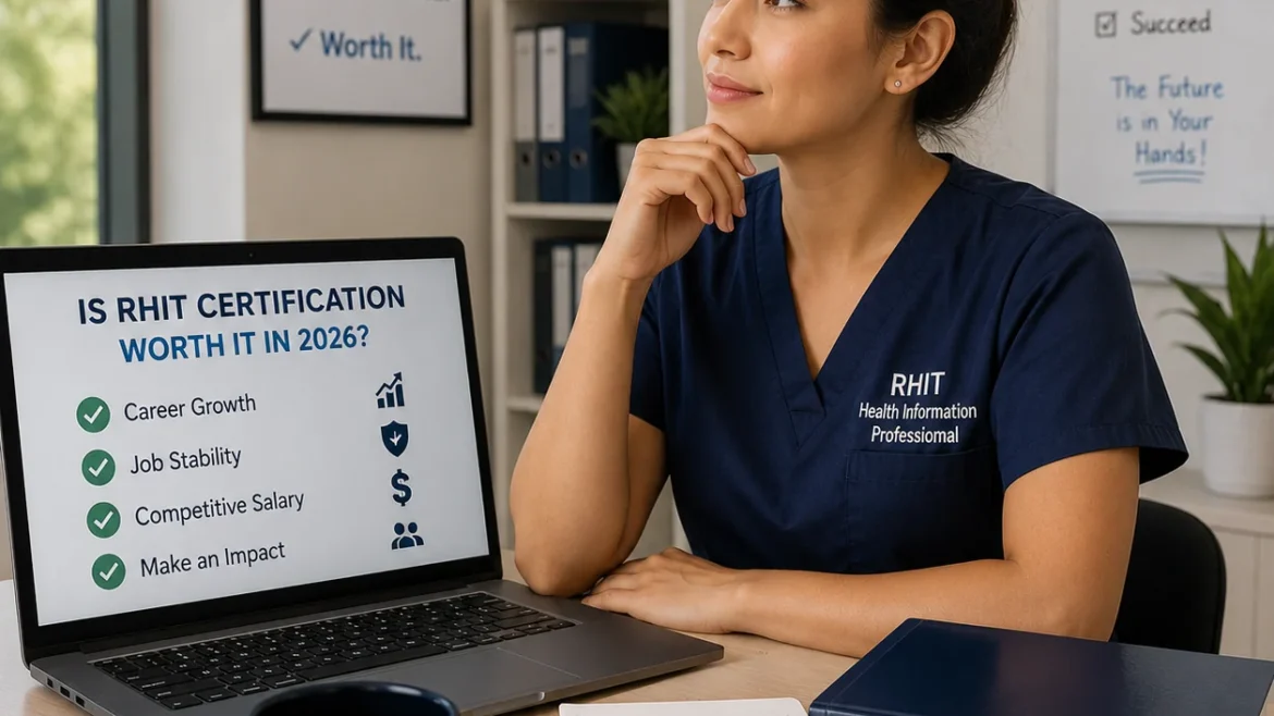Healthcare professional considering RHIT certification benefits while reviewing career growth, salary potential, and health information management goals in a modern office.