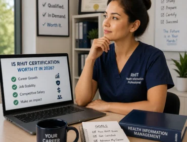 Healthcare professional considering RHIT certification benefits while reviewing career growth, salary potential, and health information management goals in a modern office.