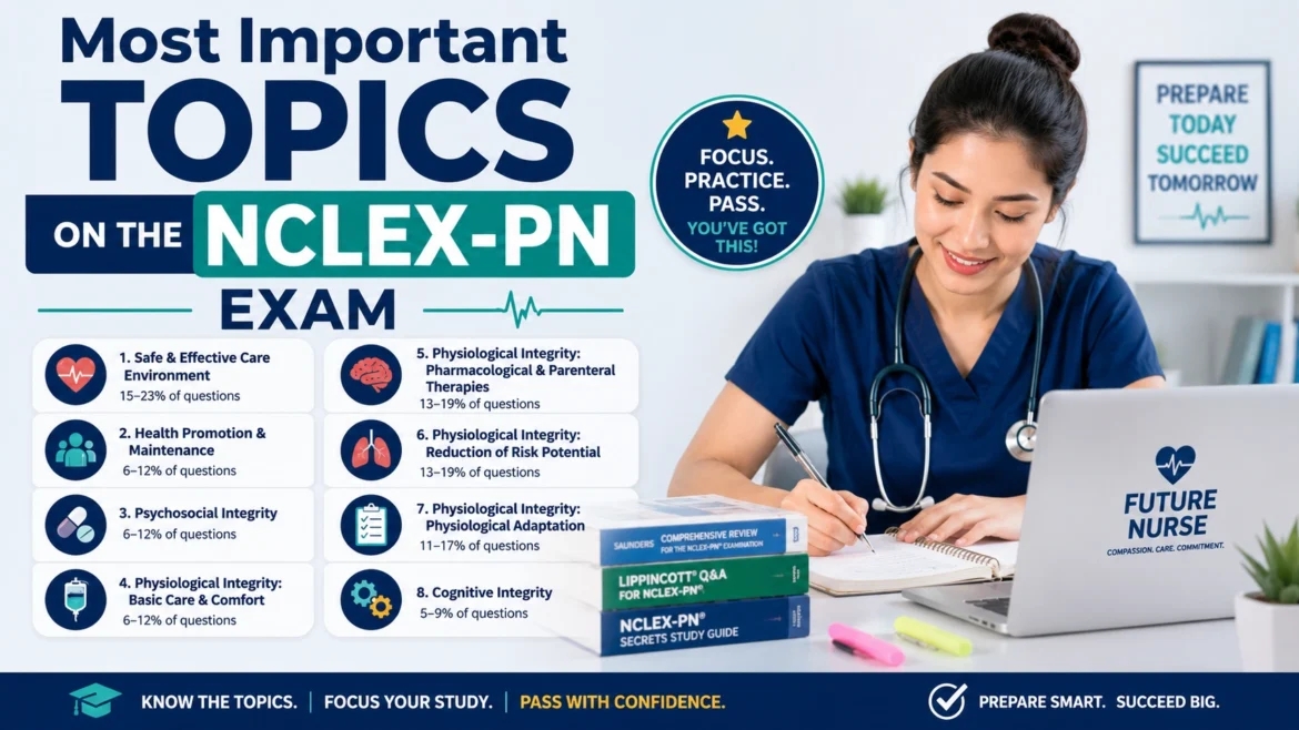 Nursing student studying key NCLEX-PN exam topics including patient care, pharmacology, psychosocial integrity, physiological adaptation, and health promotion for practical nursing exam preparation.