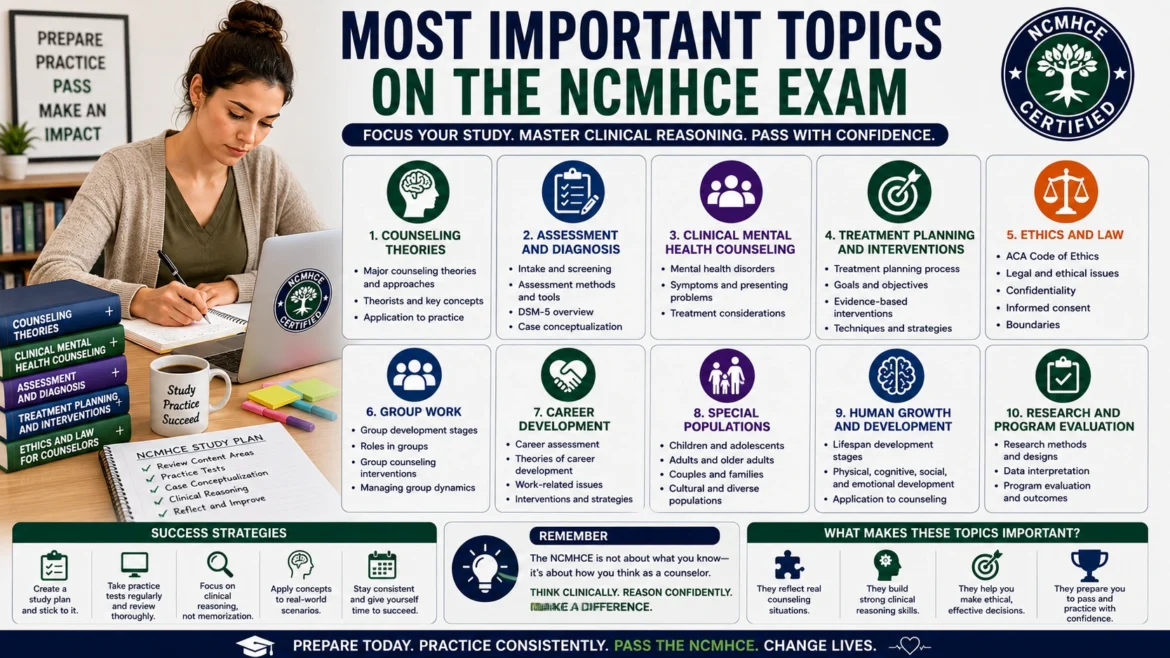 Counseling student preparing for the NCMHCE exam with study materials and an infographic showing the most important exam topics, including counseling theories, assessment and diagnosis, ethics, treatment planning, clinical reasoning, and mental health counseling concepts.