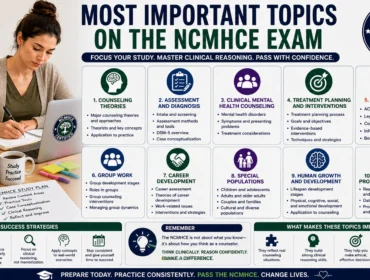 Counseling student preparing for the NCMHCE exam with study materials and an infographic showing the most important exam topics, including counseling theories, assessment and diagnosis, ethics, treatment planning, clinical reasoning, and mental health counseling concepts.