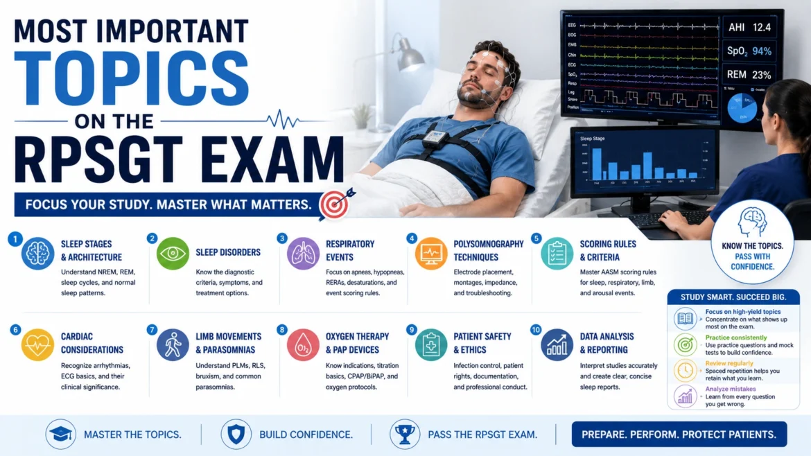 Most important RPSGT exam topics infographic featuring sleep study monitoring, polysomnography equipment, patient sleep testing, and essential study areas for registered sleep technologist certification preparation.