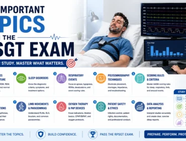 Most important RPSGT exam topics infographic featuring sleep study monitoring, polysomnography equipment, patient sleep testing, and essential study areas for registered sleep technologist certification preparation.