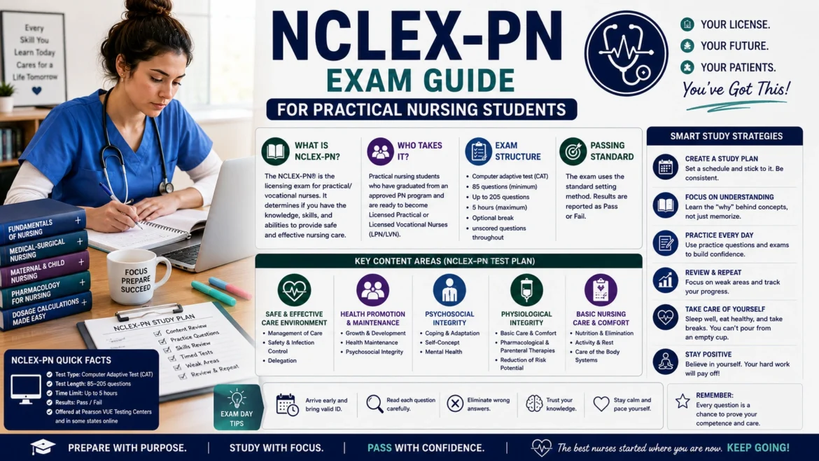 Practical nursing student studying for the NCLEX-PN exam with nursing textbooks, study notes, and exam preparation materials, featuring an infographic guide covering NCLEX-PN content areas, study strategies, exam structure, patient care concepts, and nursing exam success tips.