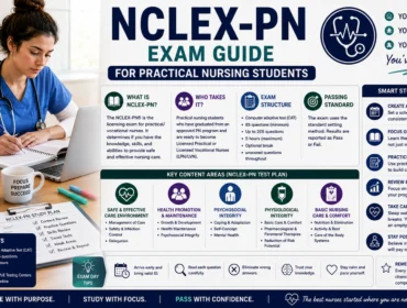 Practical nursing student studying for the NCLEX-PN exam with nursing textbooks, study notes, and exam preparation materials, featuring an infographic guide covering NCLEX-PN content areas, study strategies, exam structure, patient care concepts, and nursing exam success tips.