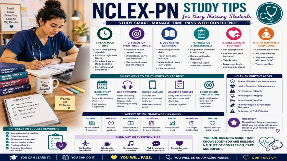 Practical nursing student studying for the NCLEX-PN exam with nursing textbooks, notes, and a structured study plan infographic featuring time management, burnout prevention, active learning, weekly study routines, and effective NCLEX-PN preparation strategies for busy nursing students.