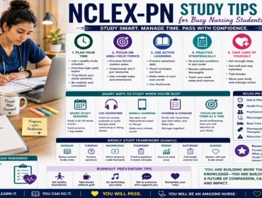 Practical nursing student studying for the NCLEX-PN exam with nursing textbooks, notes, and a structured study plan infographic featuring time management, burnout prevention, active learning, weekly study routines, and effective NCLEX-PN preparation strategies for busy nursing students.