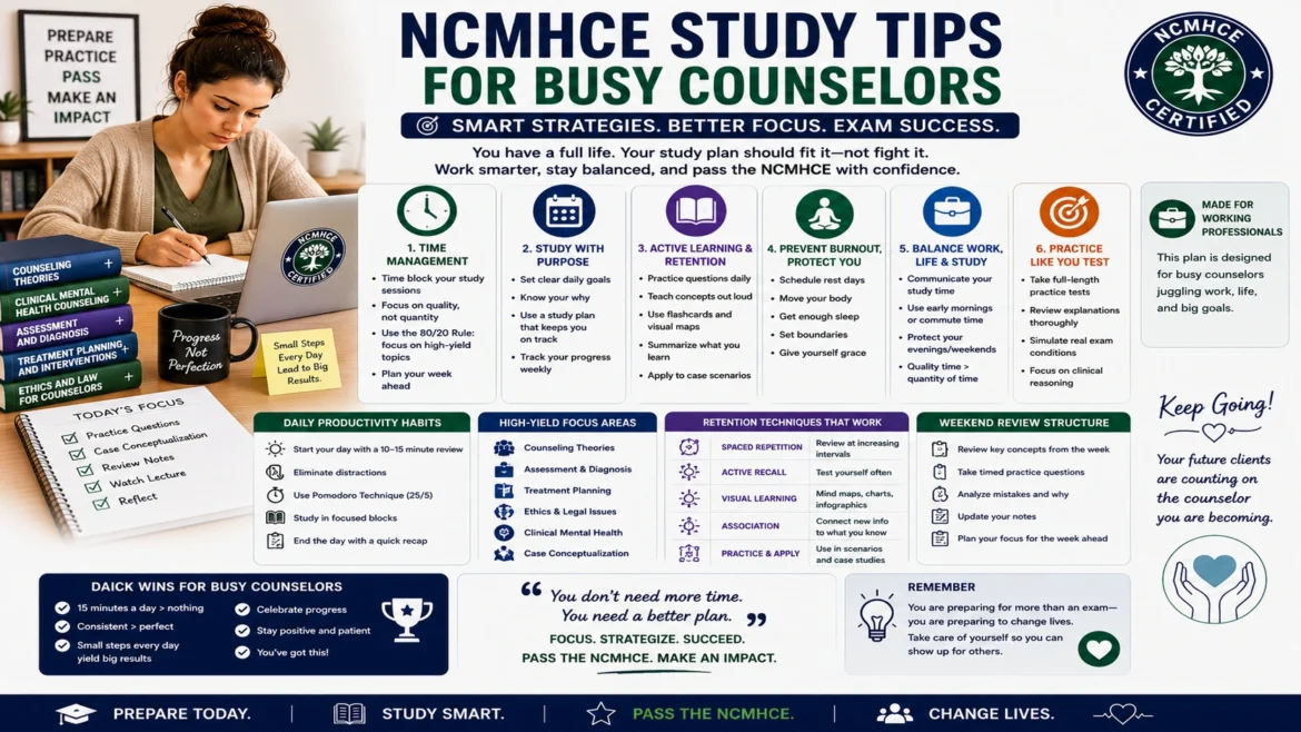 NCMHCE Study Tips or busy counselors including time management, counseling simulations, ethics review and more
