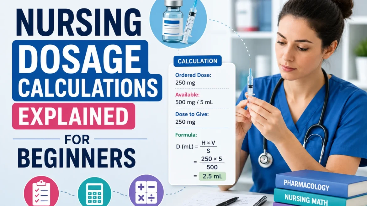 Nursing student learning medication dosage calculations with syringe, formula chart, calculator, and pharmacology textbooks in a clinical study setting.