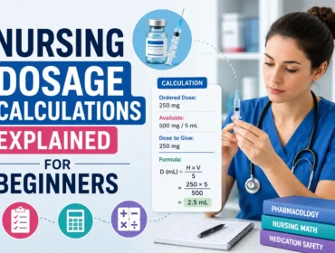 Nursing student learning medication dosage calculations with syringe, formula chart, calculator, and pharmacology textbooks in a clinical study setting.