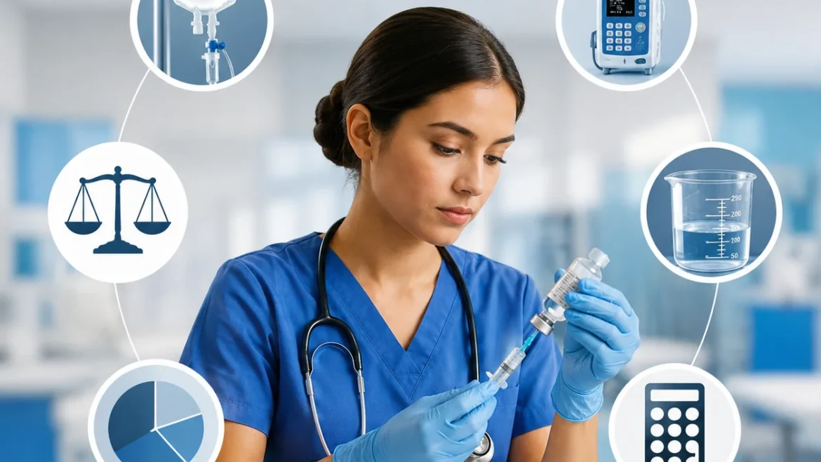 Nurse calculating medication dosage and preparing injection with medical math, IV fluids, calculator, and nursing equipment in a clinical setting.