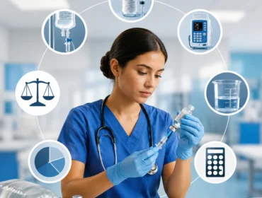 Nurse calculating medication dosage and preparing injection with medical math, IV fluids, calculator, and nursing equipment in a clinical setting.