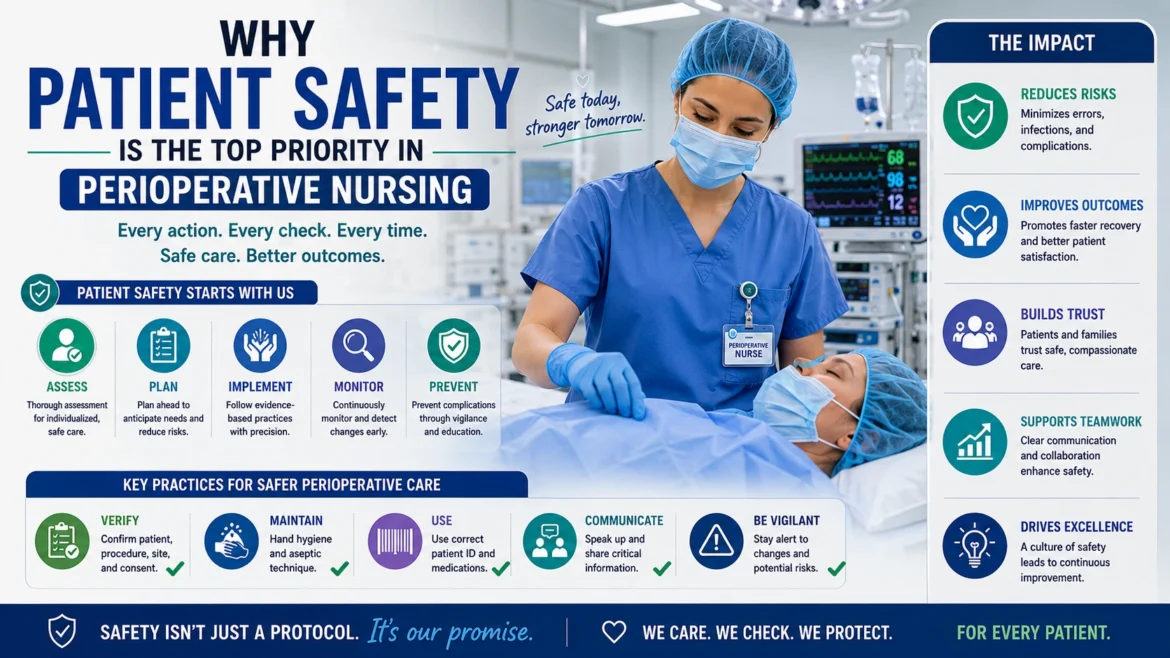 Perioperative nurse caring for a surgical patient in a modern operating room, highlighting patient safety, infection prevention, monitoring, teamwork, and safe nursing practices before, during, and after surgery.