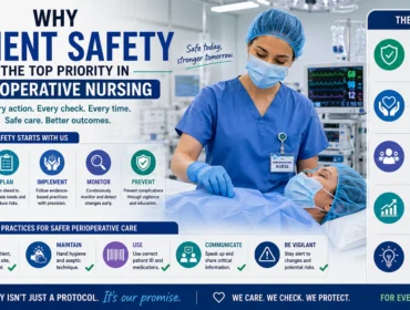 Perioperative nurse caring for a surgical patient in a modern operating room, highlighting patient safety, infection prevention, monitoring, teamwork, and safe nursing practices before, during, and after surgery.