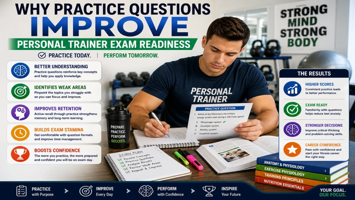 Personal trainer certification student studying practice questions with fitness textbooks, notes, and exam materials, highlighting how practice exams improve confidence, knowledge retention, problem-solving, and personal trainer exam readiness.