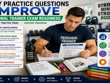 Personal trainer certification student studying practice questions with fitness textbooks, notes, and exam materials, highlighting how practice exams improve confidence, knowledge retention, problem-solving, and personal trainer exam readiness.