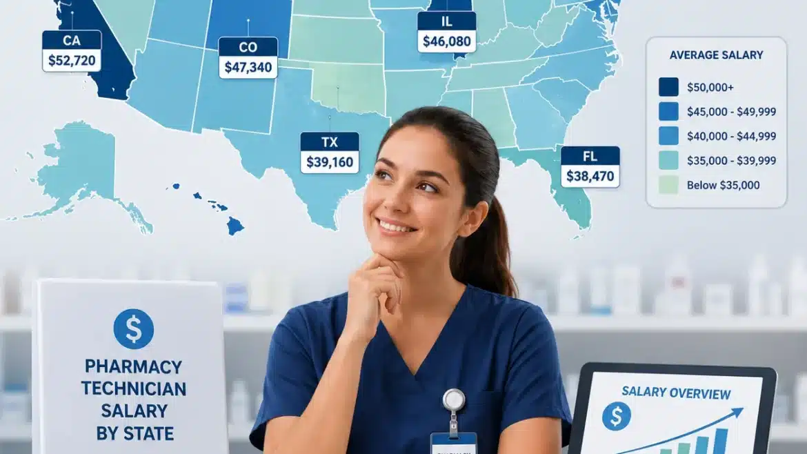 Modern infographic showing pharmacy technician salary by state across the United States with salary map, healthcare charts, and pharmacy technician in medical scrubs.