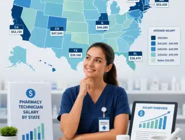 Modern infographic showing pharmacy technician salary by state across the United States with salary map, healthcare charts, and pharmacy technician in medical scrubs.