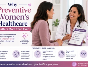 Female doctor discussing preventive women’s healthcare with a patient in a modern medical clinic, highlighting wellness exams, screenings, vaccinations, and the importance of proactive healthcare for women at every stage of life.